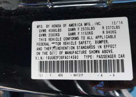 2015 Acura Tlx V6 из США, поврежденный, VIN 19UUB2F36FA014580